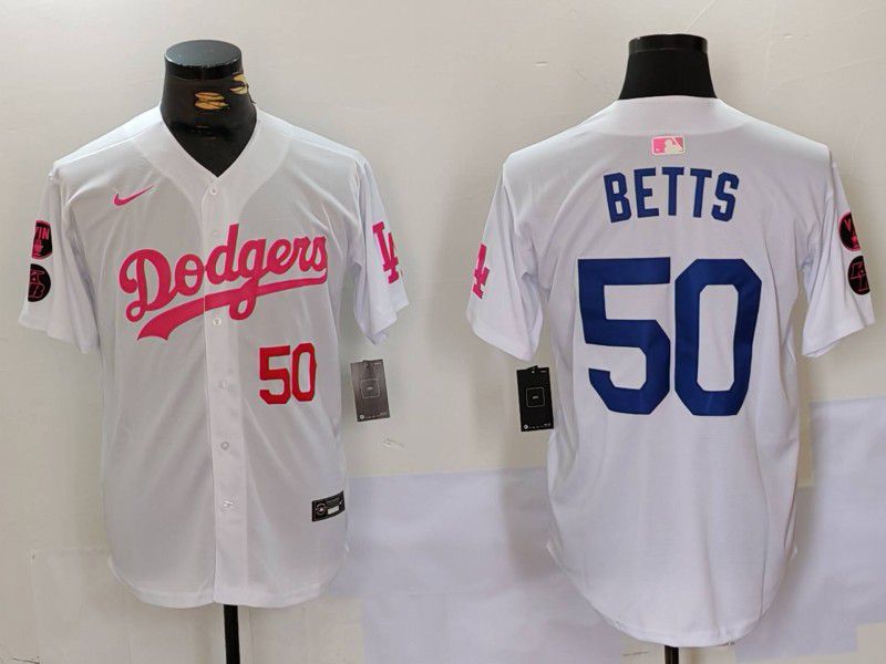 Men Los Angeles Dodgers #50 Betts White pink joint name 2024 Nike MLB Jersey style 2